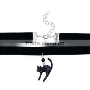 Wholesale Silver Plated Black Cat Velveteen Halloween Choker Necklace thumbnail-2