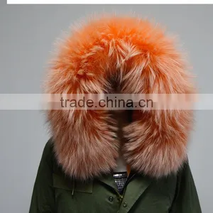 New Style Orange Stripe Faux Fur Lined With Raccoon Fur Collar Fur Coat for Woman thumbnail-4