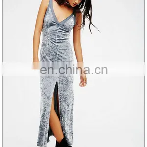 Fashion Design V Neck Back Bare Velvet Maxi Dress Woman thumbnail-3