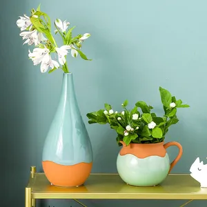 Multicolor Crackle Retro Green White Grey And Orange Ceramic Vase For Hotel Home thumbnail-3