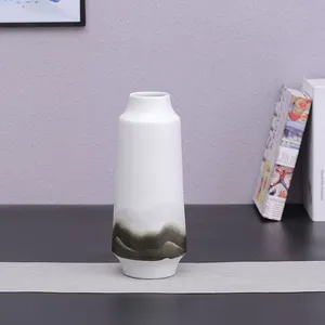Trapezoid Cylinder White Green Ink Color Cover Small Ceramic Vase, Office Home Furnishing thumbnail-1