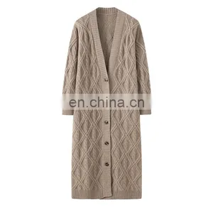 New Arrival Winter Women's X-Long Cardigan Pure Cashmere Chunky Knit Sweater Button Decoration V-Neck Collar Streetwear Style thumbnail-6