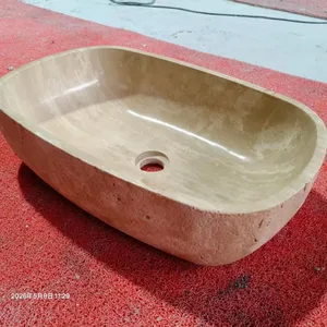 Natural Modern Travertine Marble Stone Rectangle Shape Polished Countertop Hand Wash Sink Custom Size for Bathroom Hotel Villa thumbnail-5