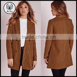 2015 Women Winter Long Faux Suede Double Breasted Blazer thumbnail-1