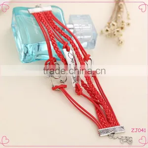 2015 Latest Fashion Heart Charms Red Braid Leather Wrap Bracelet for Women thumbnail-1