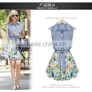2015 New Arrival European Style Women Dress Summer New Design Denim Printing Floral Chiffon Dress Quality Choice thumbnail-1