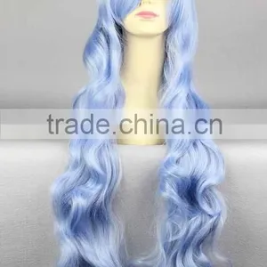 Synthetic Light Blue Long Kinky Curls Wig With Long Bangs for Woman N432 thumbnail-1
