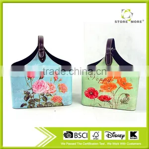 Flower Print Faux Leather Buckle Handle Magazine Newspaper Basket/holder thumbnail-1