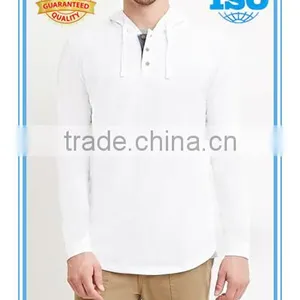 Hooded Henley Raglan Sleeves Hoodie Chambray Trim Button Placket Hoodie Curved Hem Hoodie thumbnail-1