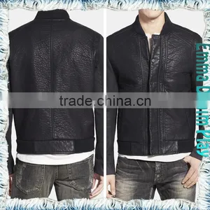Denim Men Coat Zipper Front PU Leather Long Sleeve Patchwork Jeans Jacket thumbnail-2