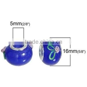New Design Round Silver Plated Core Deep Blue Flower Pattern Enamel Lampwork Glass European Style Large Hole Charm Beads thumbnail-2