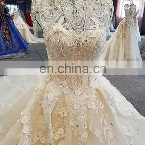 LS00323 High Neck Beaded Keyhole Back Long Train Beach Unique and Simple Dubai Wedding Gown thumbnail-6