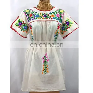 Mexican Short Sleeve Multi Embroidered Blouse Boho Bohemian Tunic Christmas Tops 100% Fabric Tunic With Adjustable Belt thumbnail-1