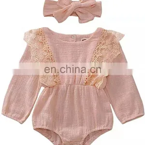 Solid Color Breathable Newborn Baby Romper Long Sleeve Baby Clothes Linen thumbnail-1