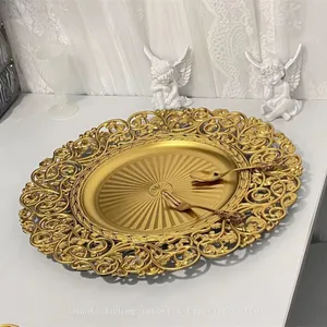 New European Style 13 Inch Round Wedding Party Table Decoration Gold Flower Pattern Plastic Charger Plates thumbnail-2