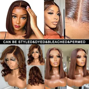Chocolate Brown Lace Front Bob Wig #4 Dark Brown Brazilian Straight 13x4 Short Bob Human Hair Lace Frontal Wigs For Black Women thumbnail-4