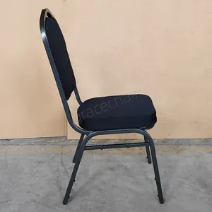 Metal Banquet Chair for Hotel Conference Event Padded Diamond‑Pattern Fabric Upholstered Stackable Dining Chair thumbnail-3