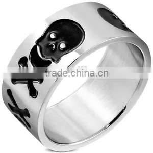 China Factory Supply Custom Fashion Jewelry 10mm Stainless Steel 2 Tone Pirate Skull Crossbones Wide Ring Mens Rings thumbnail-1
