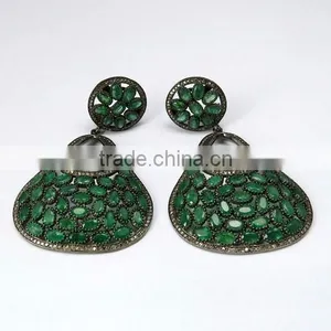Beautiful Dangler !! Emerald & Diamond 925 Sterling Silver Earring, Dangler SIlver Earring, Exporter and Wholeseller thumbnail-2