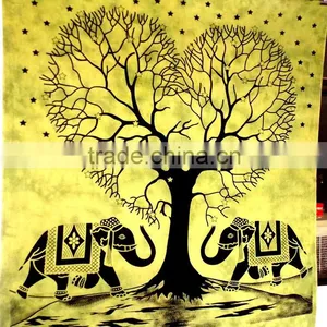 Elephant Love Tree Black & Blue Color Tapestry Indian Bedspread Throw Wall Hanging Valentine Cotton Picnic Sheet Single thumbnail-3