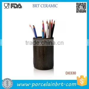 Brown Cylindrical Home Decorative Ceramic Pen Container thumbnail-1