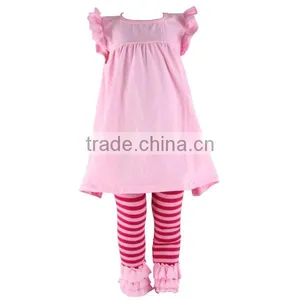 2017 Spring and Summer Hot Sale Kids Clothes Pink Icing Ruffle Outfits Solid Dress Sets Baby Wear Children Clothes thumbnail-1