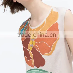 2015 New Fashion Sleeveless Round Neck Print Chiffon Lady Top Designer thumbnail-3
