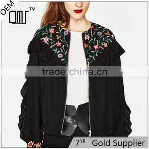 2017 Custom Designs Women Round Neck Embroidered Jacket With Frills thumbnail-1