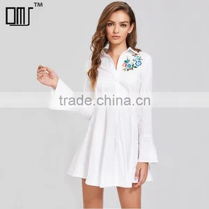 Women Flower Emboriedered Long Sleeve Clothing, White High Waist Shirt Dress thumbnail-1