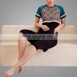 Muslim Girl Sport Wear Black Multi Half Covered Switsuits 2017 Latest Islamic Swimsuits Printing Pattern Muslim Swimwear thumbnail-2