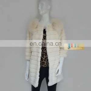 Genuine Beige Long Rabbit Fur Coat With Fox Fur Collar Winter Garment thumbnail-1