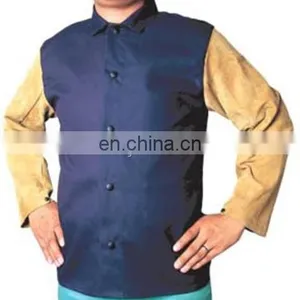 Welding Working Worker Uniform Workwear,Blue FR(Flame Retardant) Welding Jacket Leather Sleeves,Welder Jacket thumbnail-1