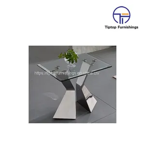 Simple Style Clear Glass Top Table Stainless Steel x Base Sofa End Table thumbnail-1