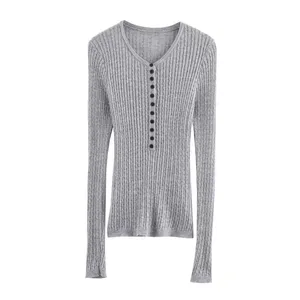 2025 New Fashionable Elegant Women's V-Neck Half-Button Long-Sleeve Knit Top thumbnail-1