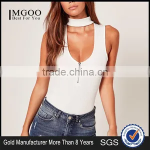 MGOO 2017 High Fashion White Ribbed Bodysuits For Women Sexy Chocker Neck Zip 95% Cotton 5% Spandex Tops thumbnail-1