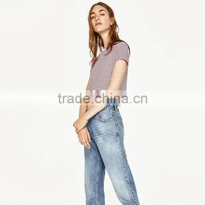 2017 Round Neck Short Sleeves Striped T-shirt Women Sexy Midriff Tank Tops thumbnail-3