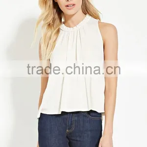 2016 Guangzhou Shandao Oem Service Summer New Design Casual Chiffon Plain Dyed Sleeveless Women Pleated Manufacturers Top thumbnail-6