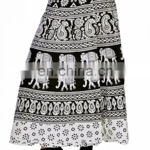 Women Stylish Rajasthani White Elephant Printed Wrap Around Cotton Skirt Summer Hippie Beach Boho Cotton Wrap Around Skirt Dress thumbnail-1