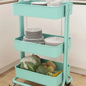 Metal Folding Cart With Wheels Multi-purpose Metal 3 Tiers Cart Small Rolling Kitchen Cart thumbnail-1