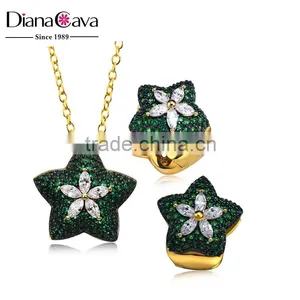 New White Gold Green Color CZ Stones Star Charm Pendant Jewelry Necklace Set thumbnail-1