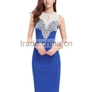 New Arrival Women Evening Wear Sleeveless Navy Blue Bodycon Dress With Lace Trims thumbnail-2