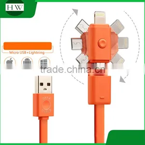 Universal 360 Degree Rotation Rotating Double Plug Multiple Choice Fast for Two Charger 2 in 1 Usb Data Cable for Iphone Android thumbnail-1