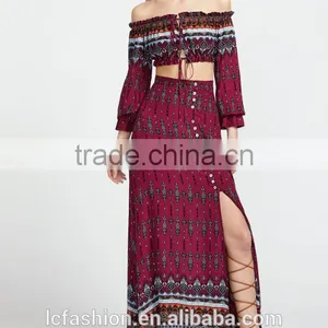 Picture of Long Skirts and Tops Vintage Print Drawstring Top With Split Skirt thumbnail-2