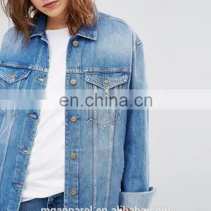 Wholesale Oversized Women Blue Plain Denim Jacket thumbnail-4