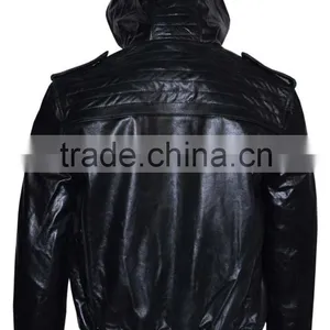 Black Hooded Leather Jacket for Men thumbnail-4