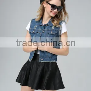Ladies Cotton Spandex Stretch Vintage Blue Denim Vest With Studs and Rhinestones Decoration thumbnail-3