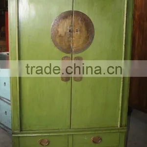 Chinese Antique Furniture Pine Wood Green Shanxi Two Door Two Drawer Clothes Cabinet thumbnail-1
