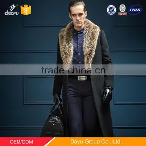 Luxury and Big Raccoon Fur Collar 100% Woolen Jacket Super-long Black Cashmere Woolen Jacket thumbnail-2