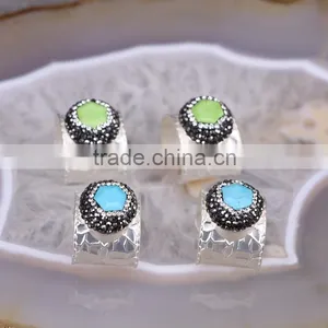 Green / BlueColor Turquoise Druzy Rings, Metal Silver Plated Wide Band Pave Crystal Zircon Faceted Turquoise Jewelry Finger Ring thumbnail-1