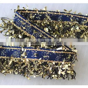 China Fancy Novelty Metallic Blue Tape With Gold Lurex Tassel Fringe Trim thumbnail-6
